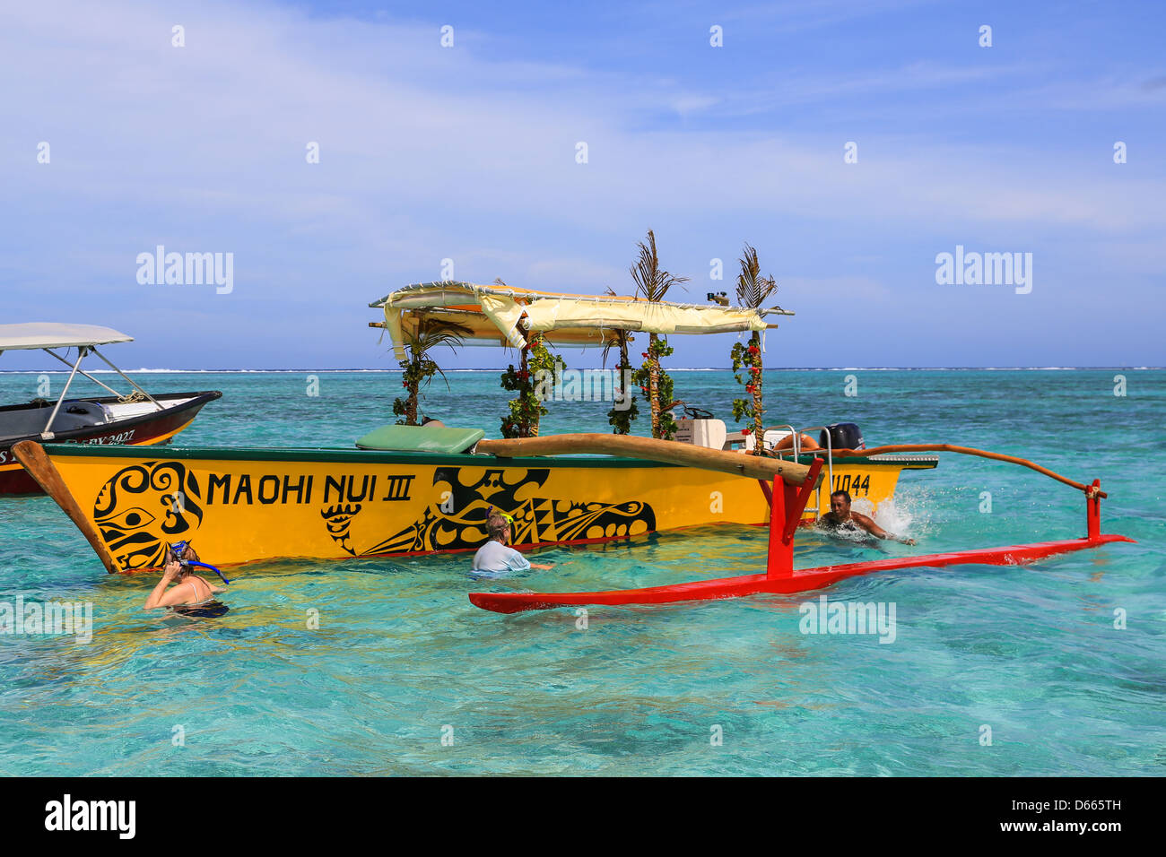 Touristen auf einen Schnorchel Ausflug zum schwarzen Spitzen Haie und Rochen im seichten Wasser der Lagune Bora Bora anzeigen. Stockfoto