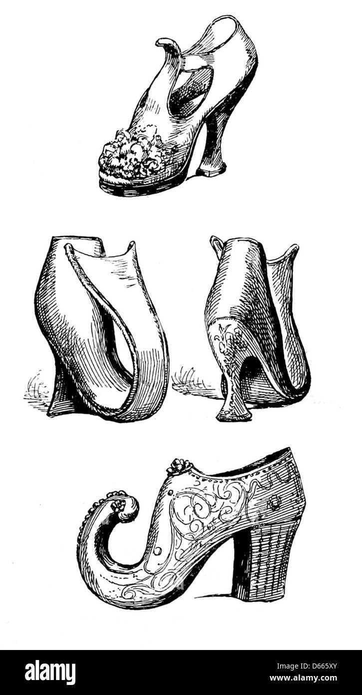 Eine Illustration aus „A Short Treatise on Boots and Shoes“ (1884), die die Entwicklung der Schuhstile von der Antike bis zur Moderne zeigt. Das Bild beschäftigt sich mit dem Design und der Handwerkskunst von Schuhen über die Jahrhunderte. Stockfoto
