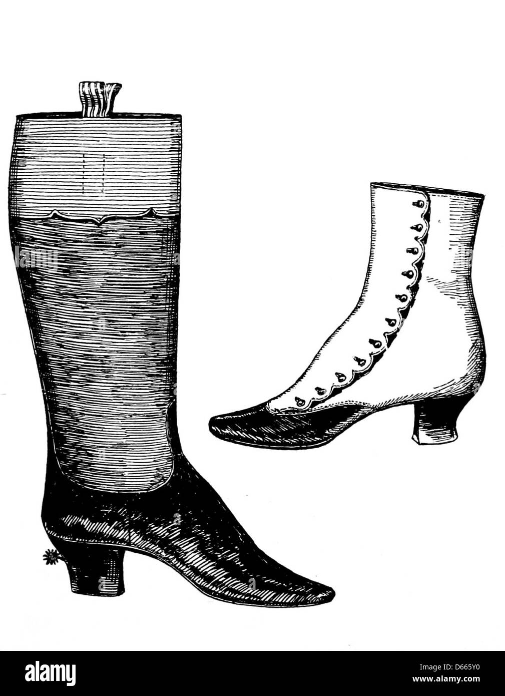 Dieses Bild zeigt wahrscheinlich eine Seite aus Einer kurzen Abhandlung über Stiefel und Schuhe (1884), in der die Entwicklung der Schuhe von der Antike bis zur Moderne diskutiert wird, einschließlich verschiedener Stile und Materialien. Stockfoto