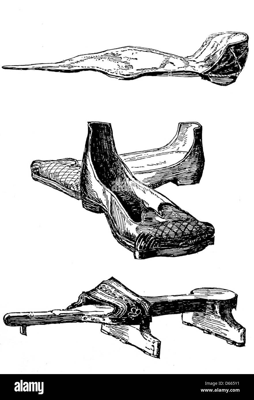 Diese Abhandlung aus dem Jahr 1884 befasst sich mit der Geschichte und Entwicklung von Stiefeln und Schuhen und steht im Kontrast zu alten und modernen Schuhstilen. Es bietet eine detaillierte Analyse von Materialien, Konstruktionen und Fertigungstechniken im Zeitverlauf. Stockfoto