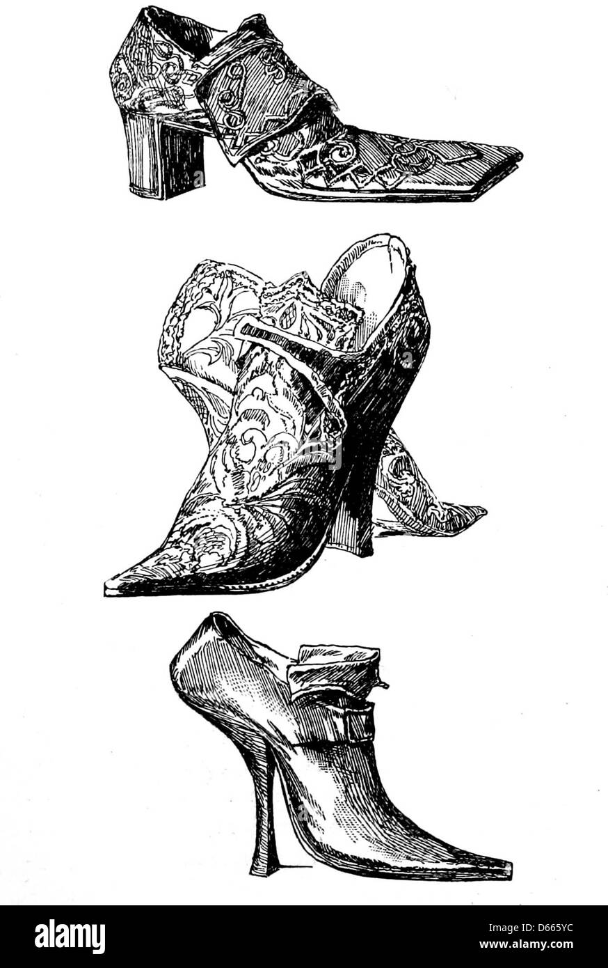 Diese Abhandlung aus dem Jahr 1884 enthält eine detaillierte Studie über die Entwicklung von Stiefeln und Schuhen, wobei alte Schuhe mit modernen Designs und Materialien verglichen werden und die Fortschritte bei Komfort und Konstruktion im Laufe der Zeit hervorgehoben werden. Stockfoto
