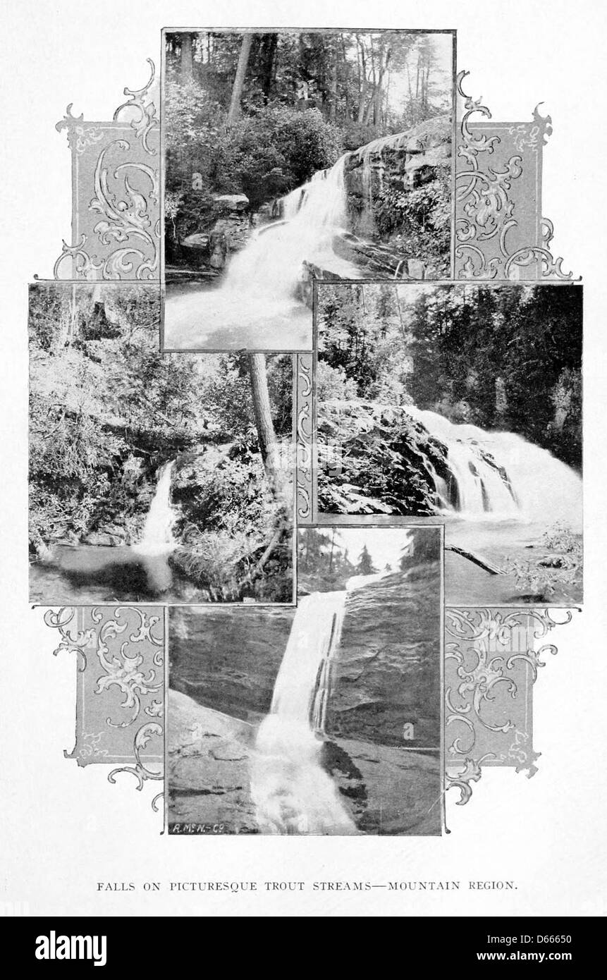 Eine Illustration aus „A Sketch of North Carolina“ (1902), die die landschaftliche Schönheit North Carolinas mit Schwerpunkt auf Wasserfällen, Forellenbächen und natürlicher Landschaft darstellt. Dieses Bild zeigt das vielfältige Gelände des Bundesstaats und Aktivitäten im Freien, wie zum Beispiel Angeln. Stockfoto