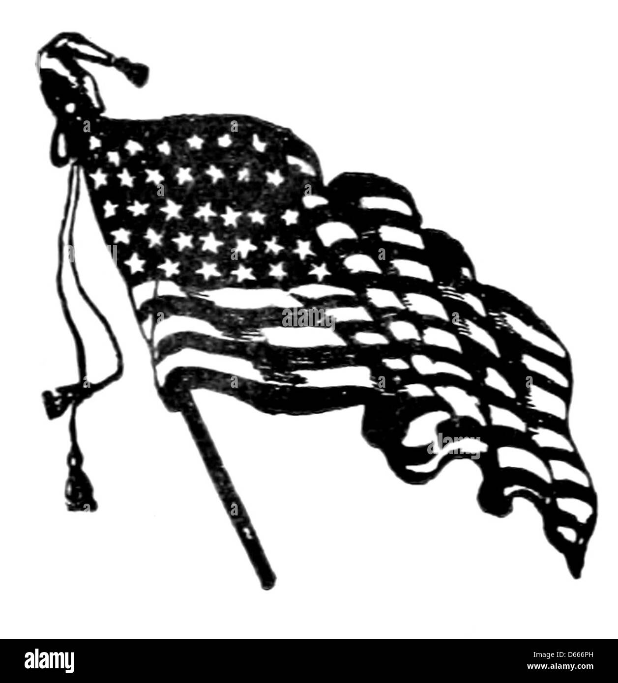 Eine Illustration eines Souvenir-Reiseführers aus dem Jahr 1895 in Boston und Umgebung mit einer Flagge. Das Bild zeigt die Bedeutung der Stadt und die lokale Kultur während des späten 19. Jahrhunderts. Stockfoto