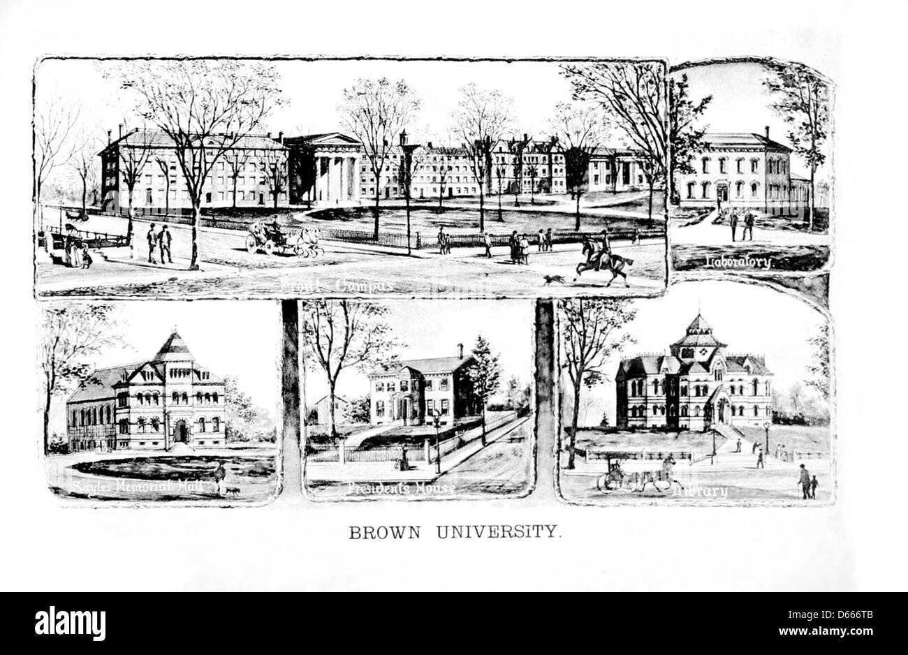 Eine fotografische Ansicht der Brown University in Providence, Rhode Island, aufgenommen 1888. Das Bild zeigt die Architektur und das akademische Umfeld der Universität, einer historischen Institution in den Vereinigten Staaten. Stockfoto