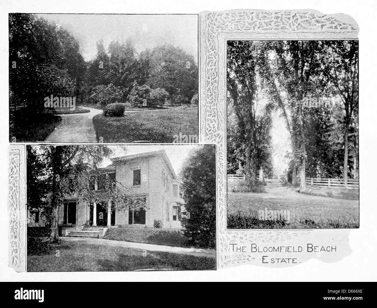 Dieses Foto aus dem Jahr 1894 zeigt das Bloomfield Beach Estate in Rom, New York, ein bekanntes Anwesen, das für seine malerische Lage bekannt ist. Das Bild fängt die historische Bedeutung und die architektonischen Merkmale des Anwesens ein und bietet einen Einblick in das Leben des 19. Jahrhunderts im Upstate New York. Stockfoto