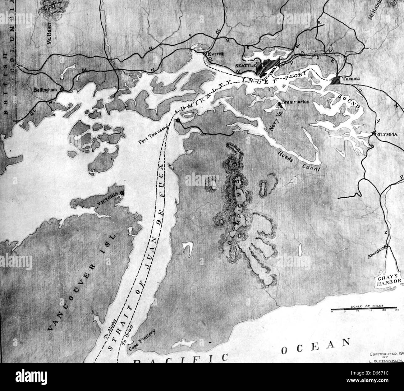 Eine Karte von Puget Sound aus dem Jahr 1909, die die komplexen Wasserstraßen und Küstenregionen rund um Seattle, Washington, zeigt. Die Karte zeigt die Geographie und Wahrzeichen der Gegend während des frühen 20. Jahrhunderts. Stockfoto