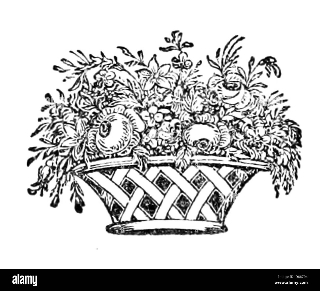 Eine Illustration aus „Ein herrliches Wrack und andere Gedichte“ (1888), die einen zarten Blumenkorb zeigt. Dieses Bild fängt die Eleganz der viktorianischen Ära des künstlerischen Stillebens und der symbolischen Darstellungen ein. Stockfoto