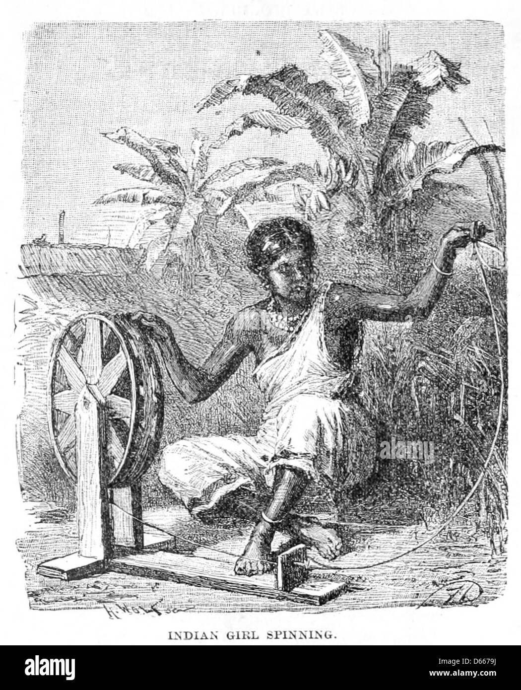 Dieses Bild aus dem Jahr 1879 zeigt ein indianisches Mädchen, das sich mit dem traditionellen Prozess des Garnspinnens beschäftigt und das Handwerk der Textilherstellung und die Bedeutung des Webens in traditionellen Kulturen auf der ganzen Welt veranschaulicht. Stockfoto