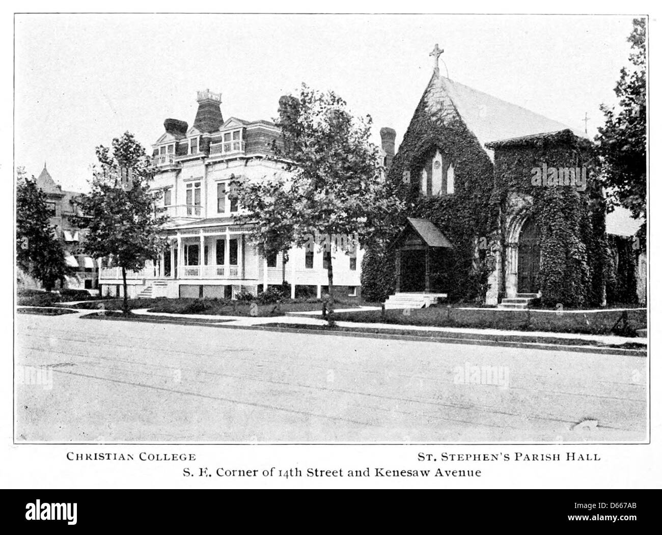Eine Erklärung aus dem Jahr 1904, in der die Vorteile von Columbia Heights, einem Viertel bekannt für seine Häuser, das Christian College und die St. Stephen’s Parish Hall, hervorgehoben werden. Stockfoto