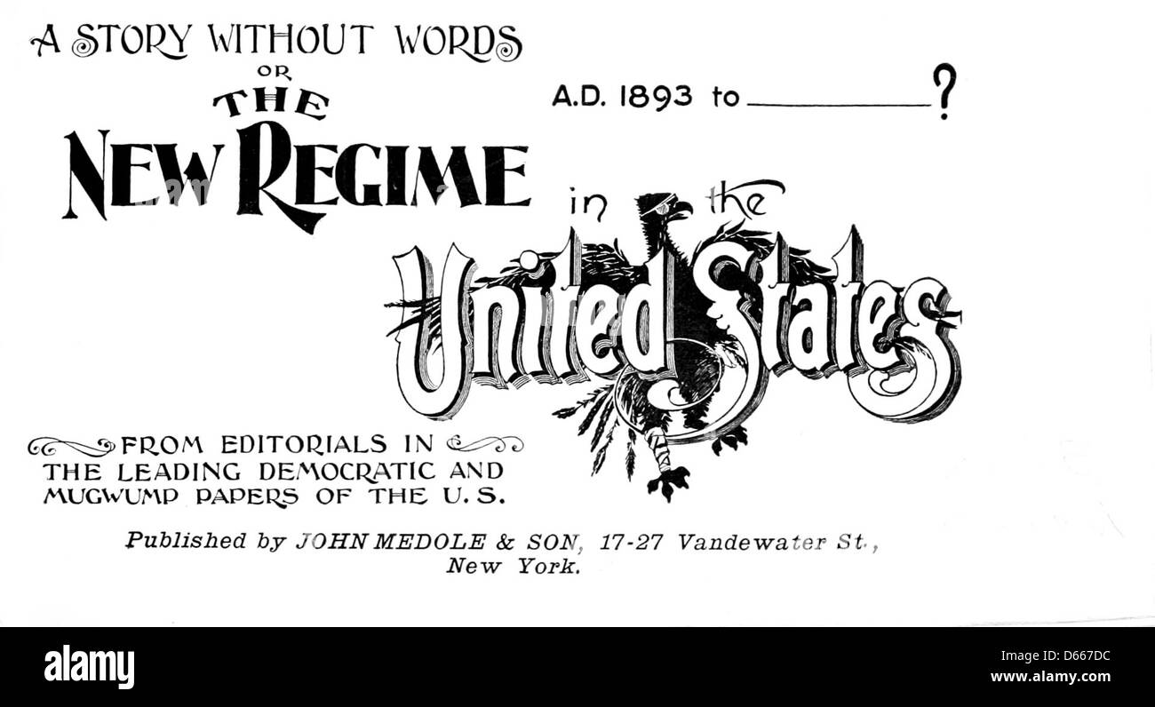 Das 1894 veröffentlichte Buch „A Story without words“ stellt politische Themen wie Freihandel, Einkommensteuer und Zölle visuell dar und spiegelt das politische Klima der Zeit wider. Das Werk erfasst wichtige Debatten der 1890er Jahre, einschließlich der Position der Demokratischen Partei zu diesen Themen. Stockfoto