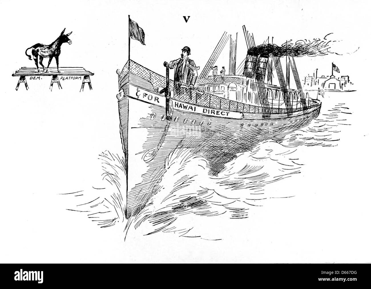 Eine Illustration aus „Eine Geschichte ohne Worte“ (c.1894), die politische und wirtschaftliche Themen wie Freihandel, Einkommensteuer und Zollpolitik darstellt. Das Bild fängt den sozialen Diskurs dieser Zeit ein und spiegelt demokratische Ansichten zu Steuern und Handel wider. Stockfoto