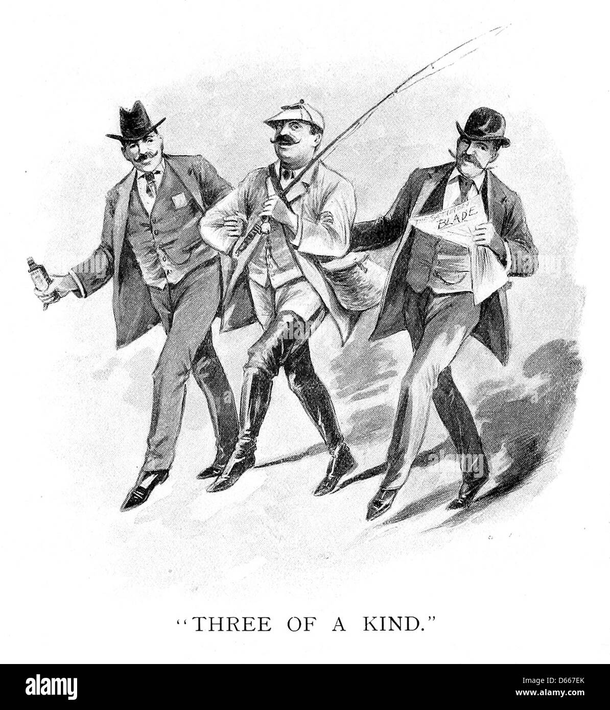 Dieses Bild aus dem Jahr 1894 zeigt eine Szene mit Boyce’s Big Weeklies, in der eine Gruppe von Personen in Bowler-Hüten und Anzügen für Fischer gezeigt wird. Die Illustration fängt die Mode und Kultur der Zeit mit einem humorvollen Fokus auf „drei von einer Art“ ein. Stockfoto
