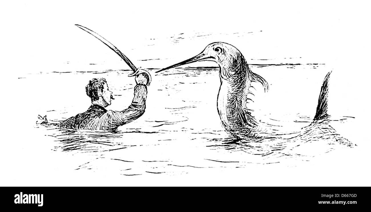 Dieses Foto aus dem Jahr 1894 zeigt eine dramatische Szene eines Mannes, der gegen einen Schwertfisch kämpft, Teil der berühmten Boyce's Big Weeklies-Serie. Es zeigt die Intensität der Begegnung zwischen Mensch und Meeresbewohner. Stockfoto