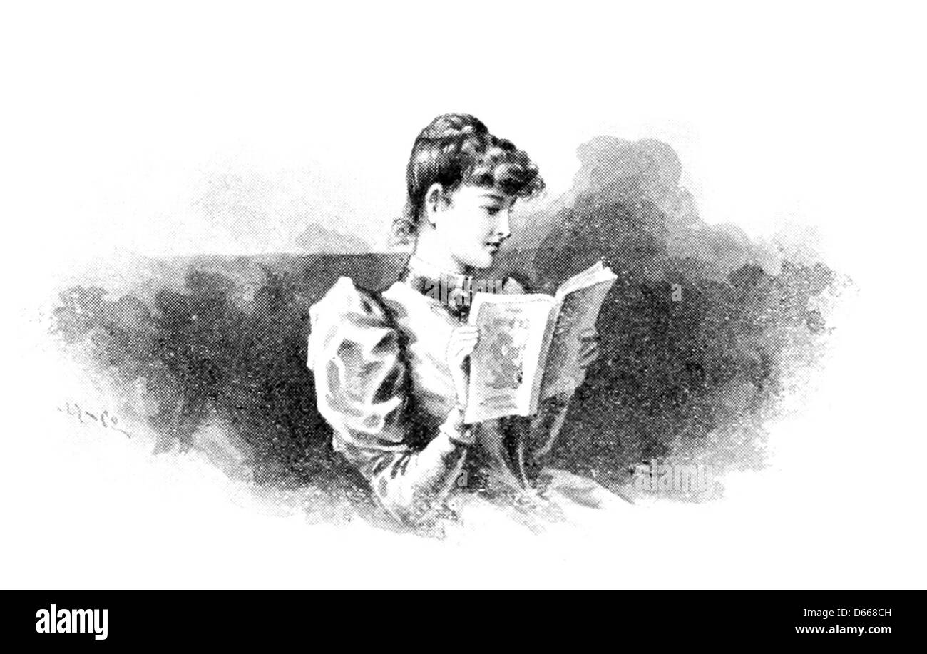 Dieses Bild aus dem Jahr 1895 aus dem „A Summer Note-book“ zeigt eine junge Frau, die die gemächlichen Verfolgungen und sozialen Normen des späten 19. Jahrhunderts verkörpert. Die Szene spielt in einer idyllischen Sommeratmosphäre, die kulturelle Werte der Zeit widerspiegelt. Stockfoto