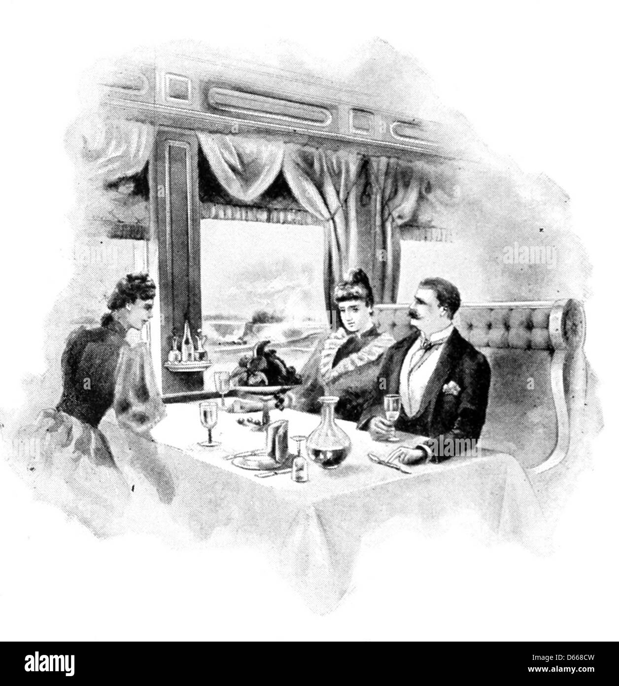 Eine Szene aus dem 1895 erschienenen Summer Note-Book, in der ein Dinner-Auto dargestellt wird, wahrscheinlich aus einem Eisenbahnzug. Das Bild fängt das ungezwungene kulinarische Erlebnis der damaligen Zeit ein, mit Details, die das Design früherer Speisewagen hervorheben. Stockfoto