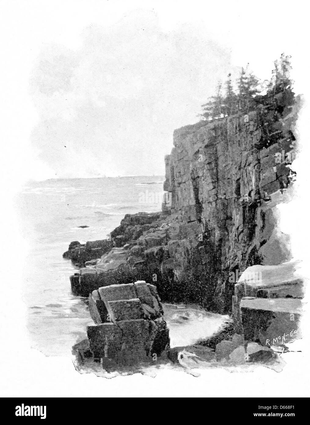 Eine Illustration aus dem Jahr 1895, die eine felsige Küste entlang des Ozeans zeigt. Das Bild fängt die raue Schönheit der Küste mit dramatischen Felsformationen und dem riesigen Ozean im Hintergrund ein. Stockfoto