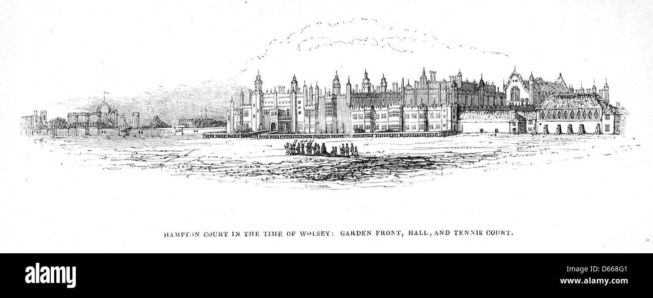 Eine Szene aus „A Summer's Day at Hampton Court“ (1839), die den berühmten Hampton Court Palace zeigt. Das Bild umfasst die Gartenhalle und den Tennisplatz, die einen Einblick in die luxuriöse königliche Umgebung der Zeit bieten. Der Palast ist ein bedeutendes historisches Wahrzeichen in England. Stockfoto