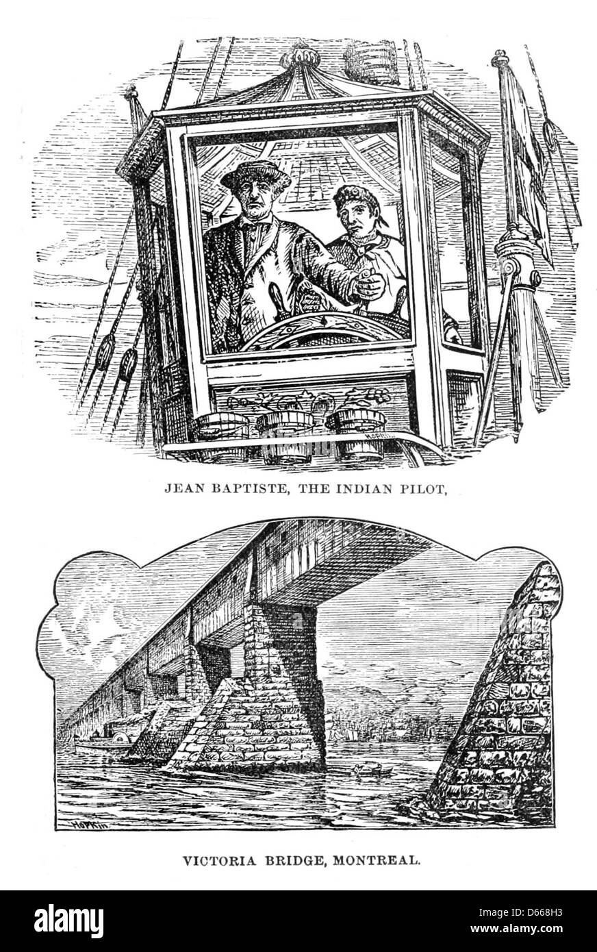Dieses Bild stammt von „A Summer's Vacation at the White Mountains“ (1879) von Jean Baptiste Pilo, mit Blick auf die Victoria Bridge in Montreal. Das Bild fängt die Schönheit der White Mountains und das architektonische Wahrzeichen ein. Stockfoto