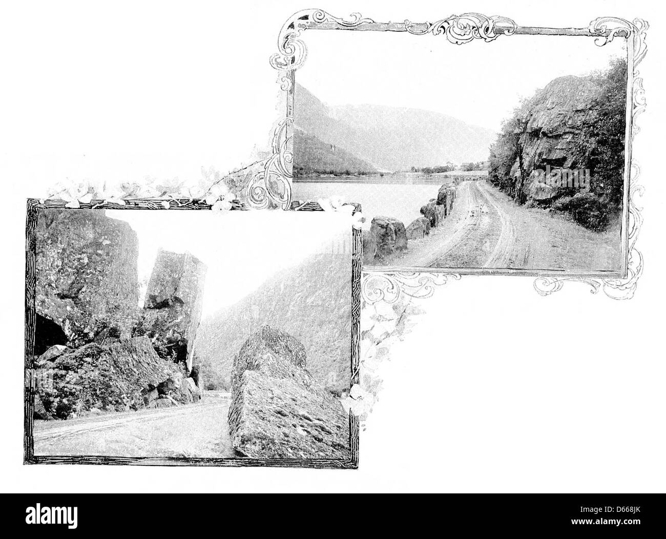 Diese Reise-Illustration von 1898 zeigt eine malerische Straße, die sich durch eines der nordischen Länder schlängelt und die raue Schönheit und die weiten Landschaften Islands, Norwegens, Schwedens und Russlands, die typisch für die Reiseabbildungen dieser Zeit sind, erfasst. Stockfoto