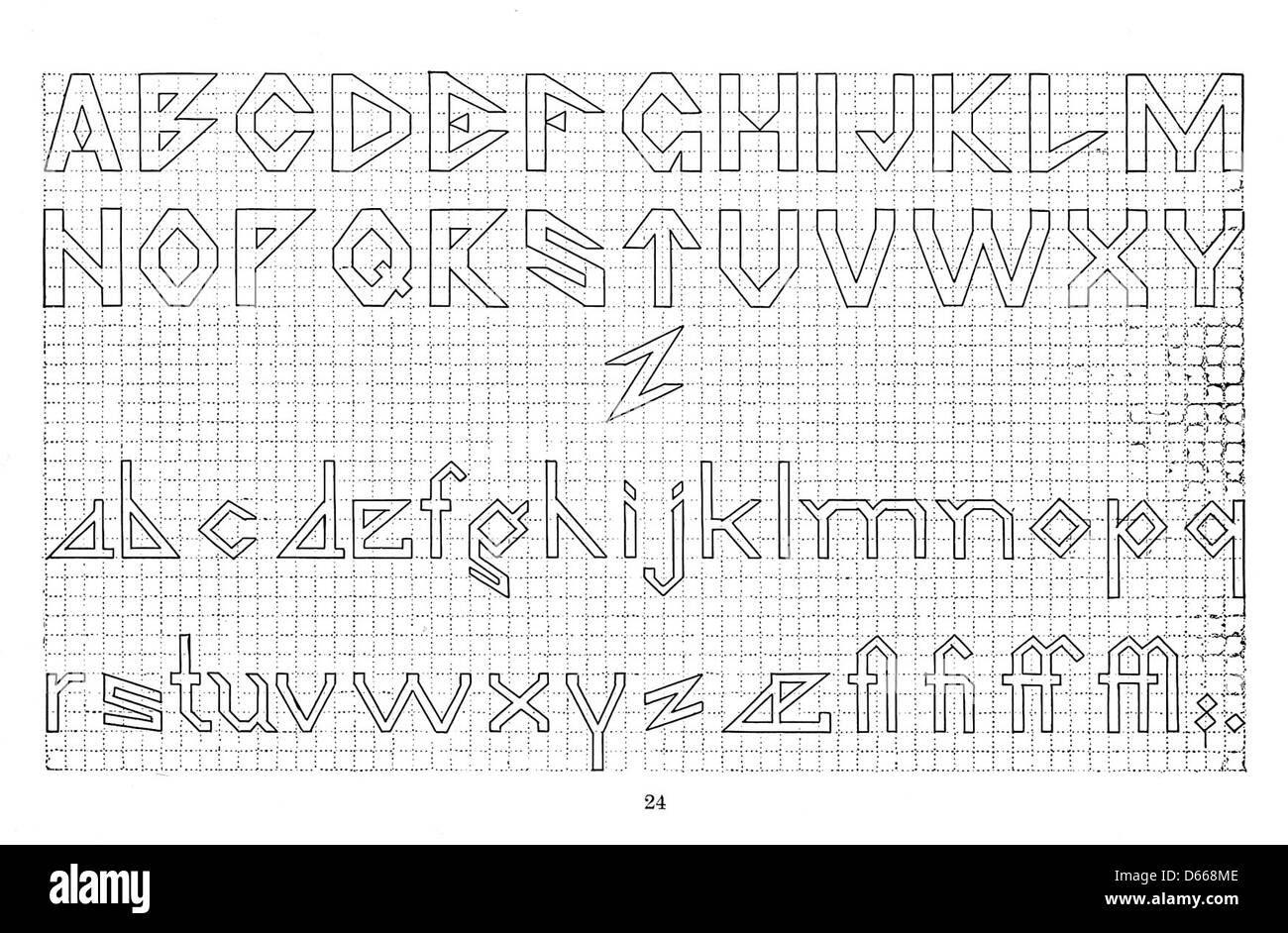 Eine Illustration aus „A System of Easy Lettering“ (1911), die Alphabetstile für Graveure, Schilder und Steinmetze zeigt, um die Techniken der Buchstabenschnitzerei zu vereinfachen. Stockfoto