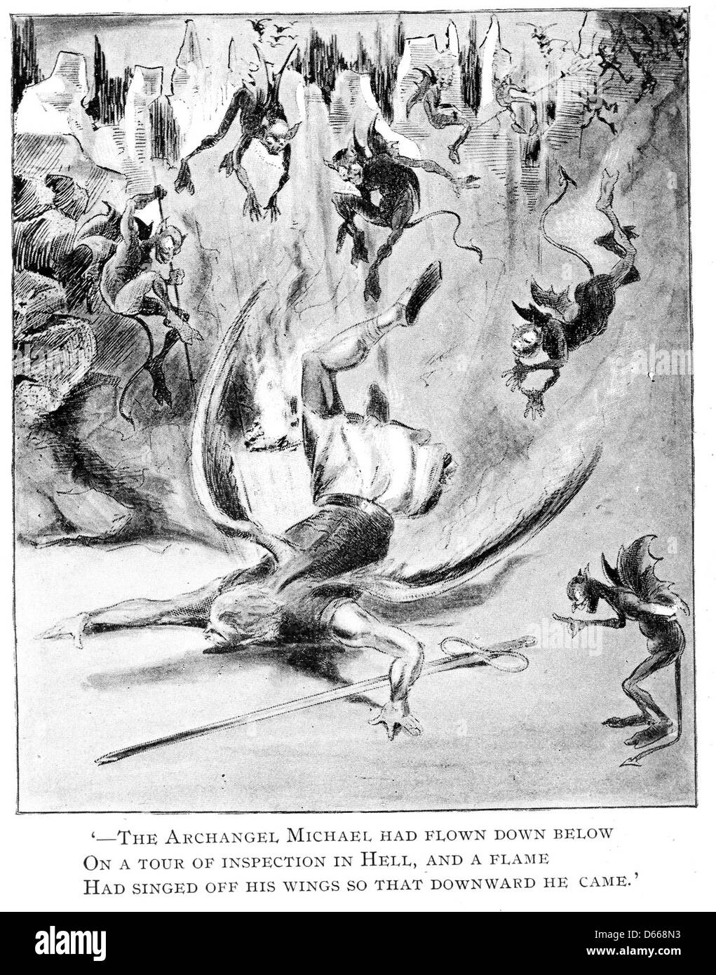 Dieses 1894 erschienene Werk „A Tale of a Halo“ zeigt die dramatische Geschichte von Erzengel Michael und seinen Kämpfen gegen die Mächte des Bösen. Es befasst sich mit Themen der Spiritualität, göttlichen Konflikten und dem himmlischen Reich. Stockfoto