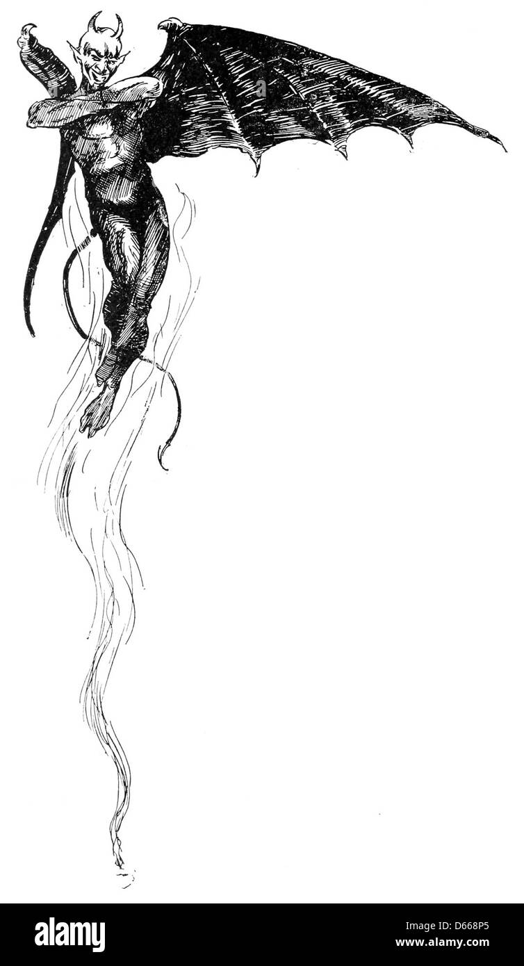 Eine Illustration aus dem Werk „A Tale of a Halo“ aus dem Jahr 1894, das die Themen von gut und Böse darstellt, mit Darstellungen des Teufels und Satans in einer symbolischen Erzählung. Stockfoto