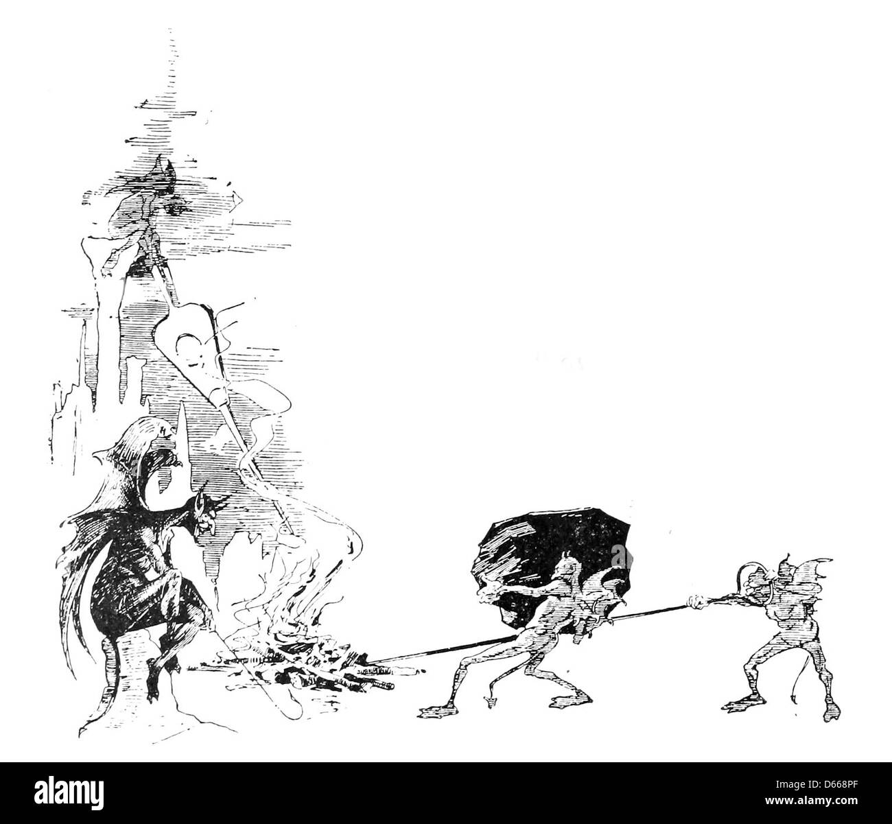 Diese Illustration aus dem Jahr 1894 aus „A Tale of a Halo“ zeigt eine dramatische Szene der Teufelshölle. Das Kunstwerk verbindet Fantasie und religiöse Symbolik und stellt den Kontrast zwischen gut und Böse in einer mythischen Erzählung dar. Stockfoto