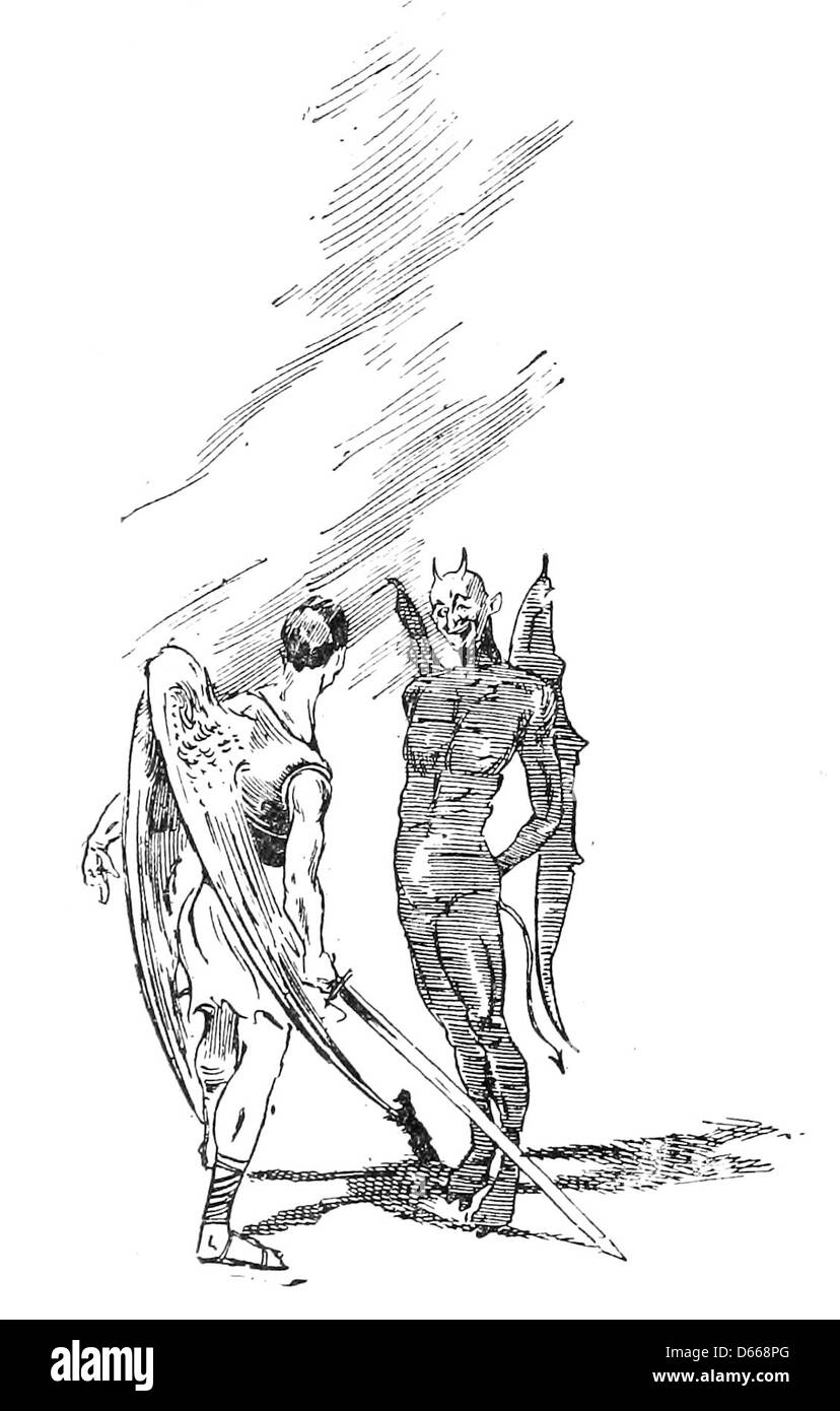 Diese Illustration aus dem Jahr 1894 aus „A Tale of a Halo“ zeigt eine dramatische Konfrontation zwischen Satan und St. Michael und fängt den intensiven spirituellen Kampf zwischen gut und Böse ein. Das Kunstwerk hebt die ikonischen Bilder des Erzengels Michael im Kampf mit dämonischen Kräften hervor. Stockfoto