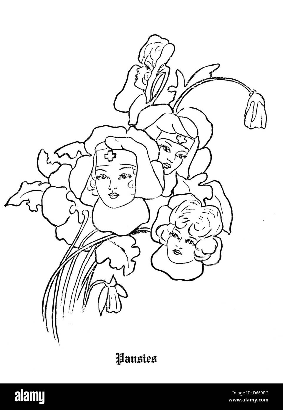 Ein Bild aus dem Jahr 1917, das einen Toast auf Frauen durch die Sprache der Blumen symbolisiert, mit Stiefmütterchen. In der viktorianischen Ära symbolisierten Stiefmütterchen oft Gedanken und Liebe und machten sie zu einer passenden Hommage. Stockfoto