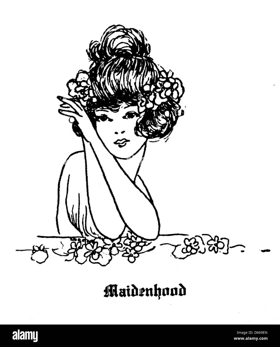 Eine Illustration aus „A Toast to Woman, Through the Language of Flowers“ (1917), die die Jungfrau mit zarten Blumenarrangements symbolisiert. Das Bild verwendet Blumen als Metaphern für die Tugenden der Frauen und Meilensteine im Leben. Stockfoto