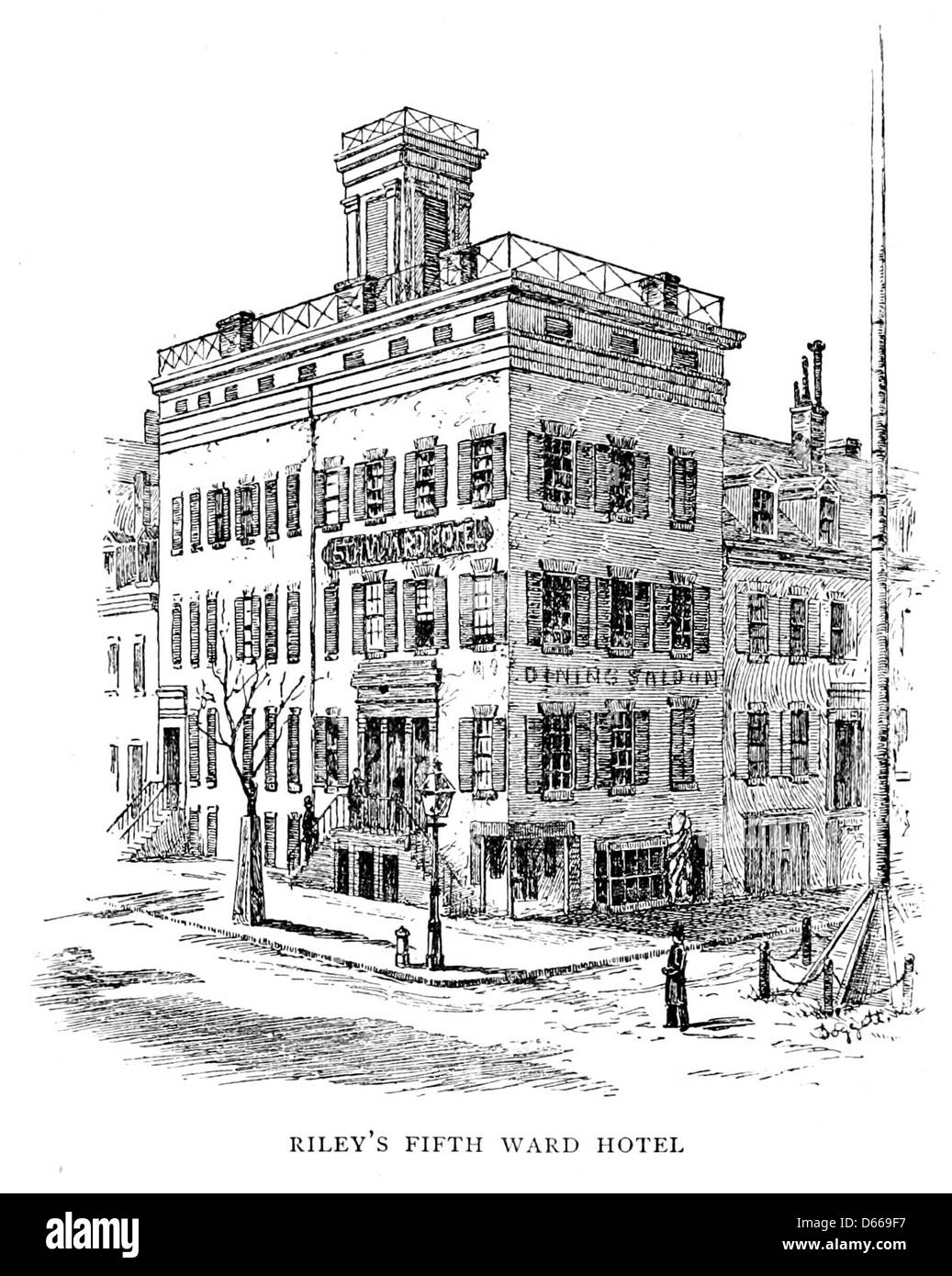 Ein Bild aus dem Jahr 1893 von „A Tour Around New York“, das Rileys Fifth Ward Hotel zeigt. Das Foto zeigt den architektonischen Stil und die Umgebung der Gegend und spiegelt die urbane Landschaft der Zeit in New York wider. Stockfoto