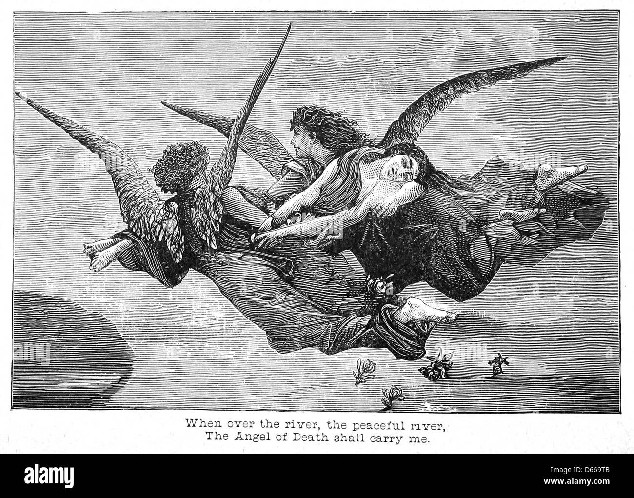 Eine düstere Illustration aus dem Jahr 1884, die eine Hommage an Blumen zu Ehren einer Mutter darstellt, mit einem Todesengel, der die Szene überwacht. Das Bild symbolisiert Trauer und Erinnerung im Kontext viktorianischer Trauerpraktiken. Stockfoto