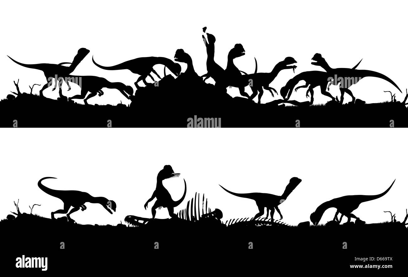 Zwei aufeinander folgenden Silhouetten von Dilophosaurus Dinosaurier Fütterung auf Beute Stockfoto