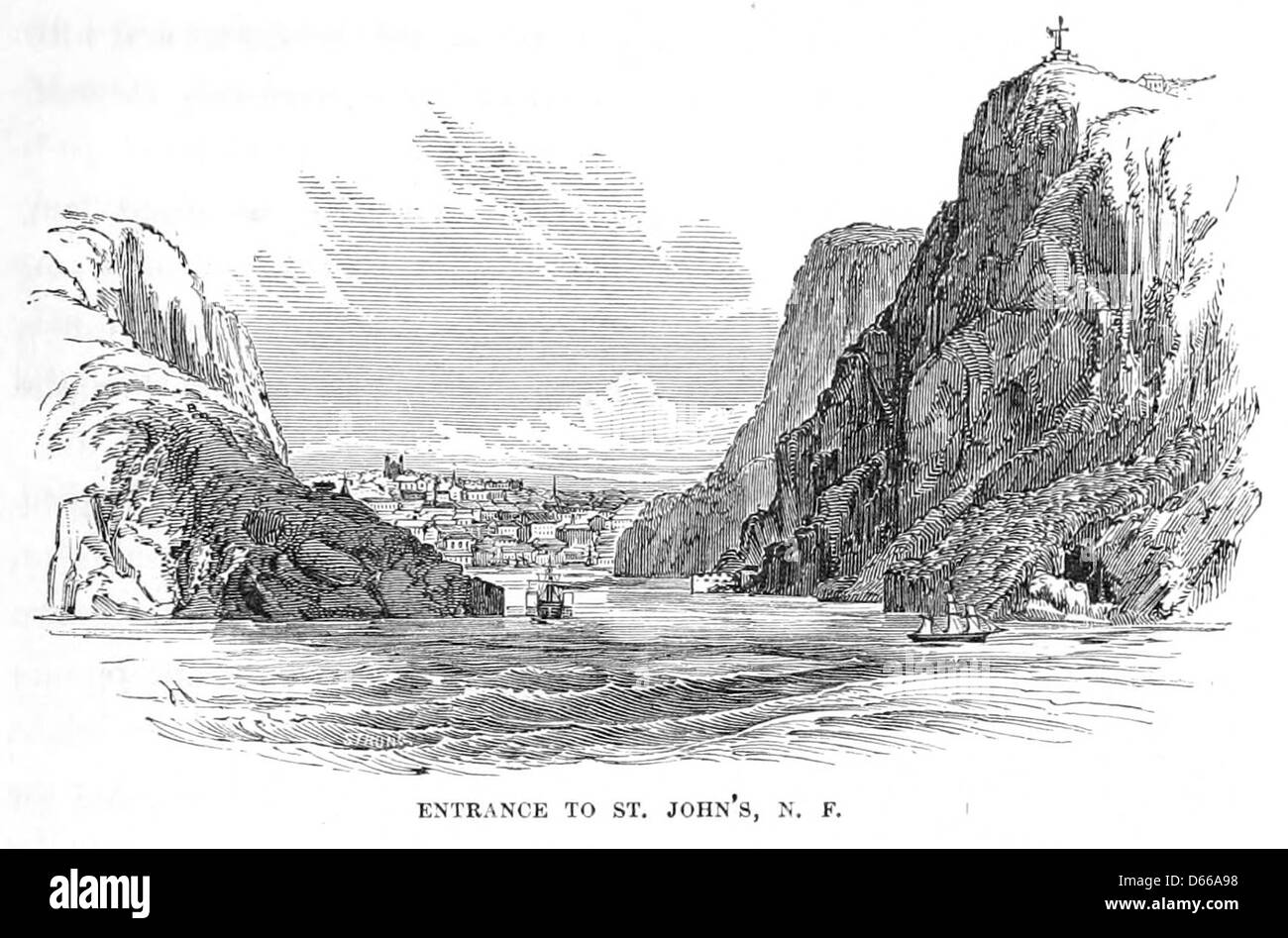 Dieses Foto zeigt den Eingang zum St. John's Harbour in Neufundland, aufgenommen im Jahr 1855. Das Bild spiegelt die reiche Landschaft und die Fischerei der Region sowie das bemerkenswerte historische Ereignis der Verlegung des U-Boot-Telegrafenkabels wider. Stockfoto