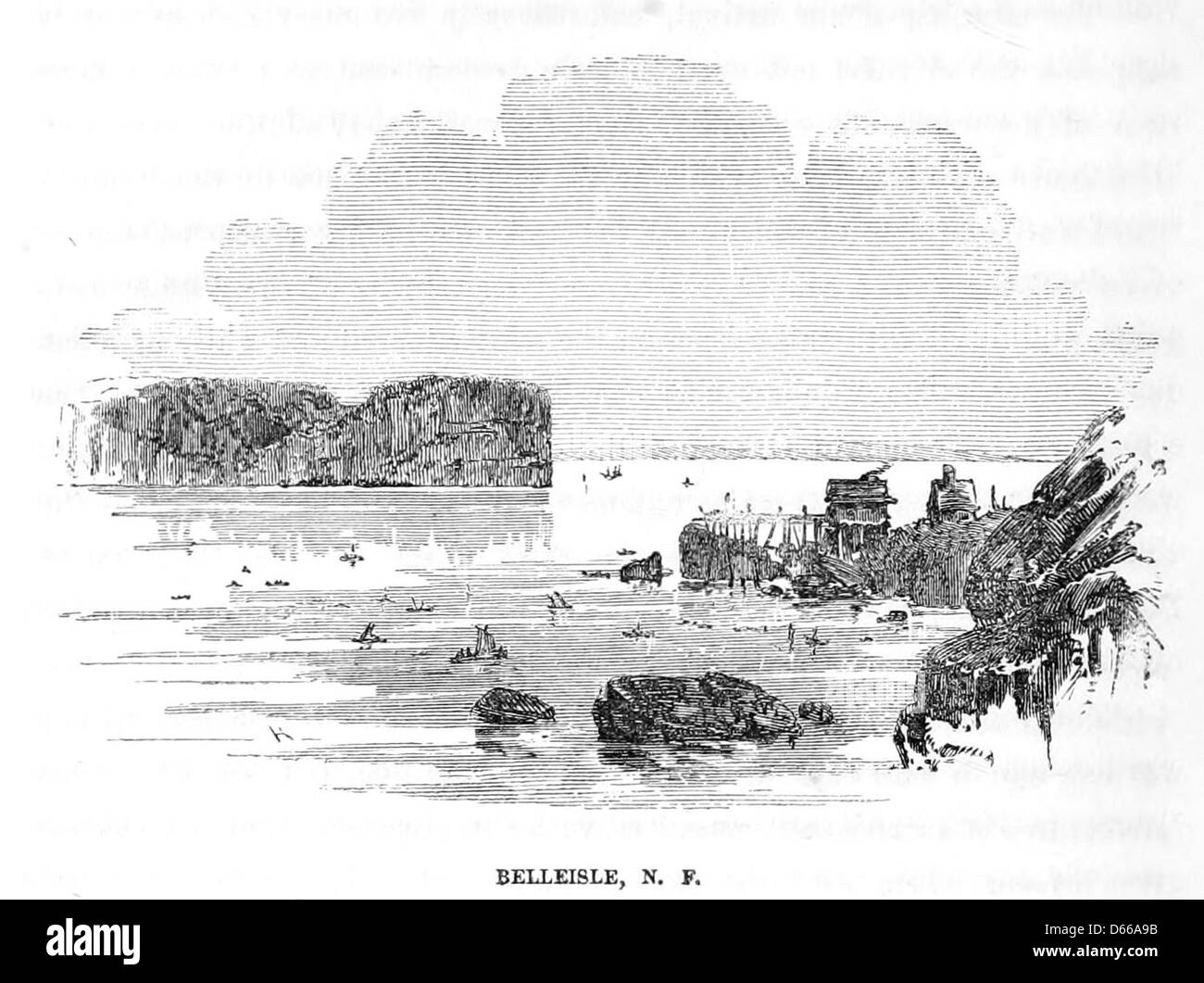 Eine Illustration aus der 1855 erschienenen Publikation A Trip to Newfoundland, die die Belle Isle Strait zeigt. Dieses Gebiet ist bekannt für seine malerische Aussicht und Bedeutung bei der Verlegung des U-Boot-Telegrafenkabels. Stockfoto