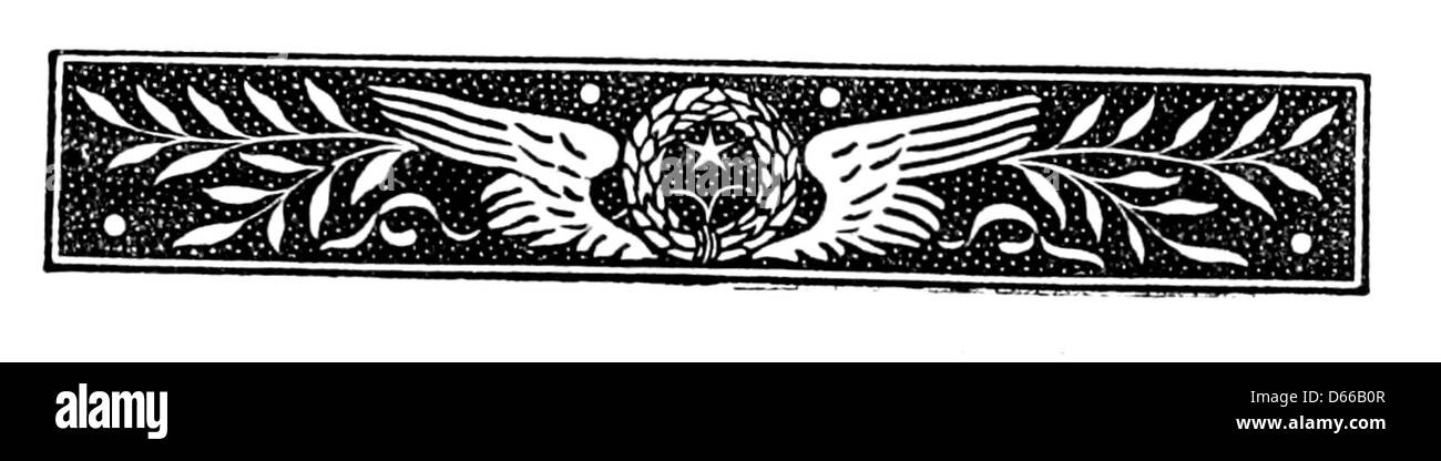 Eine Illustration aus *A Wayside Flower and Other Poems* (1875), die dekorative Typografie mit Borten, Dingbats, Fleurons, Sternen und symbolischen Designs wie Flügeln und Kränzen zeigt und den ästhetischen Wert des Buches unterstreicht. Stockfoto