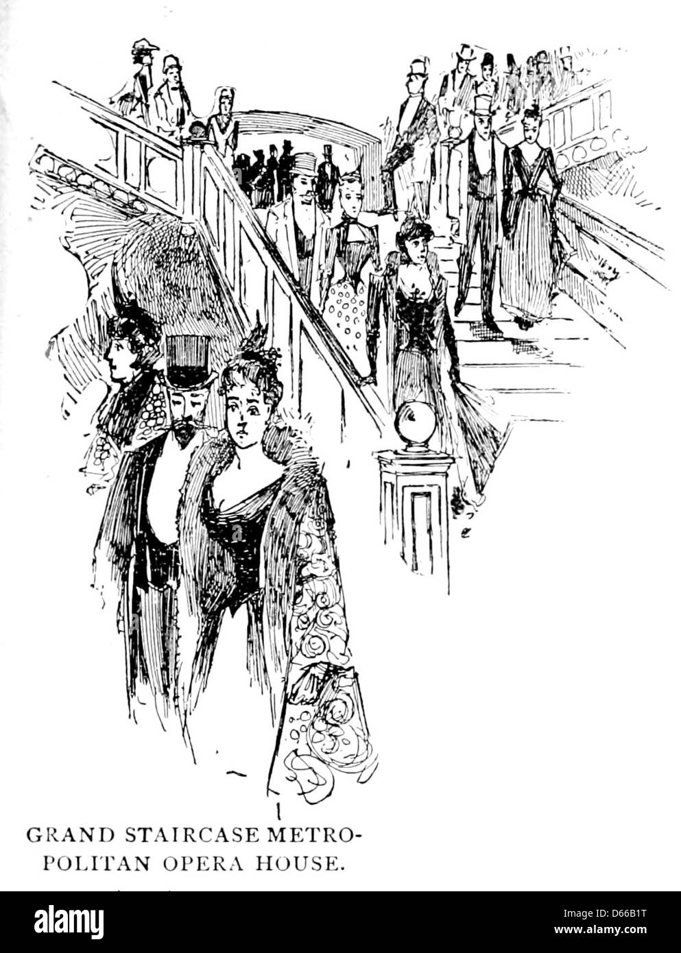 Ein Bild aus dem 1891 erschienenen Buch „A Week in New York“, das die große Treppe des Metropolitan Opera House zeigt. Die Treppe ist Teil des berühmten Veranstaltungsortes und zeigt die Eleganz und das architektonische Design der Zeit. Stockfoto