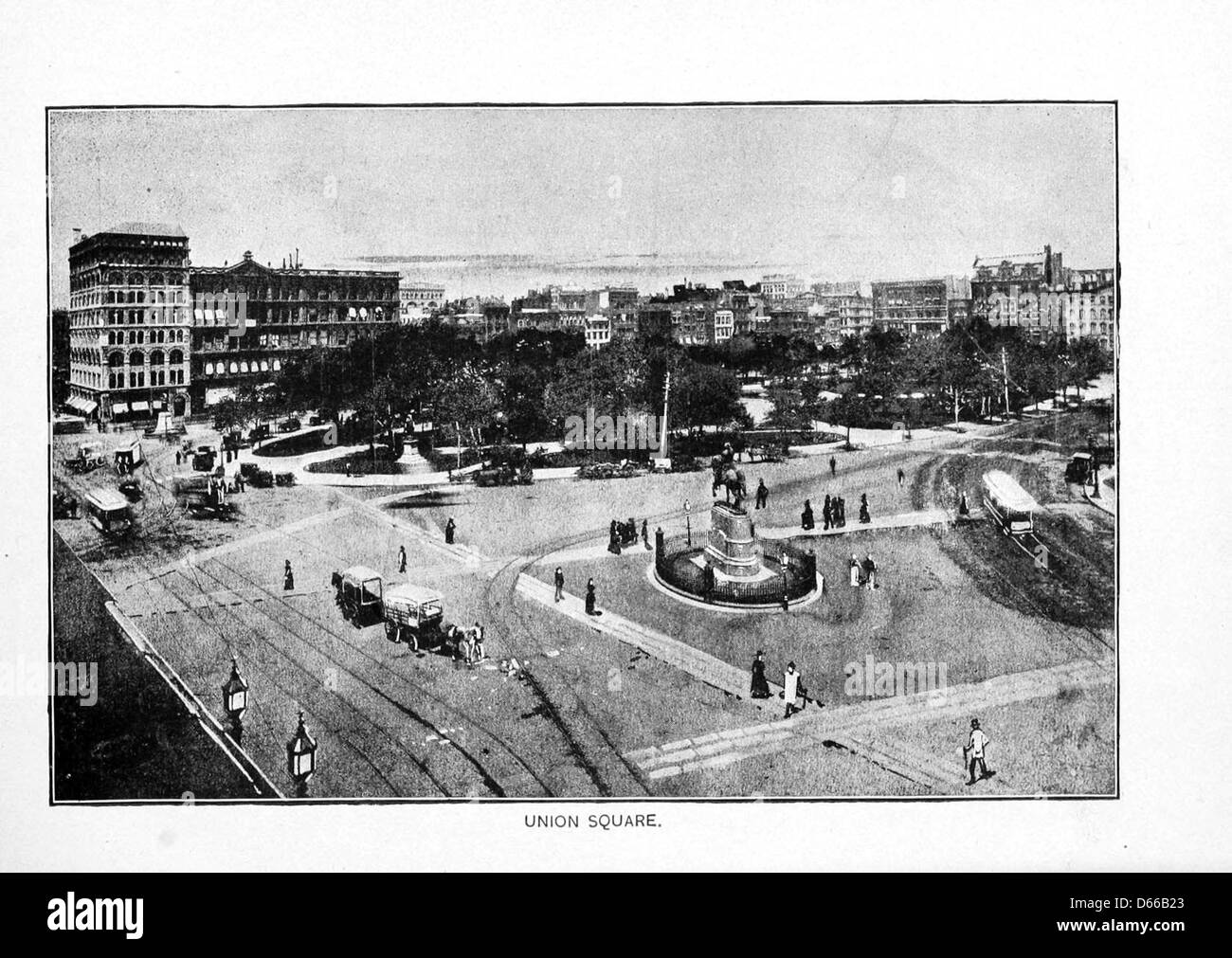 Dieses Bild aus dem Jahr 1891 zeigt eine Woche in New York und konzentriert sich auf den Union Square, einen historischen öffentlichen Raum in Manhattan. Das Gebiet ist bekannt für seine Rolle in politischen Bewegungen, öffentlichen Versammlungen und als Zentrum kultureller Aktivitäten in der Stadt während des späten 19. Jahrhunderts. Stockfoto