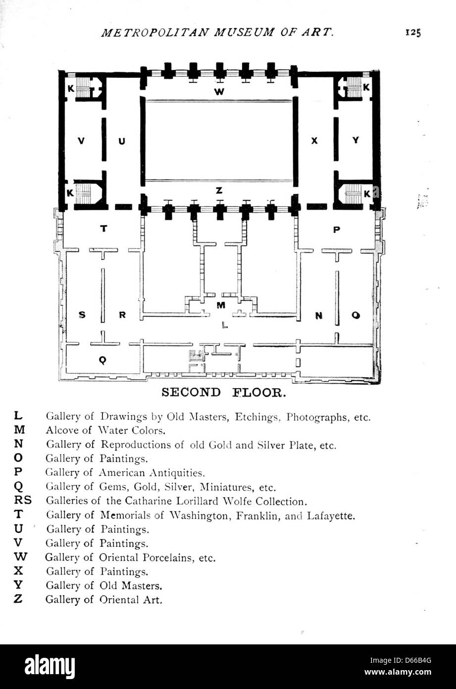 Grundriss des Metropolitan Museum of Art, New York, aus der 1891 erschienenen Publikation A Week in New York. Der Plan bietet einen historischen Einblick in die damalige Gestaltung des Museums und gibt Einblicke in die frühen Gestaltungs- und Ausstellungsräume dieser renommierten Institution. Stockfoto
