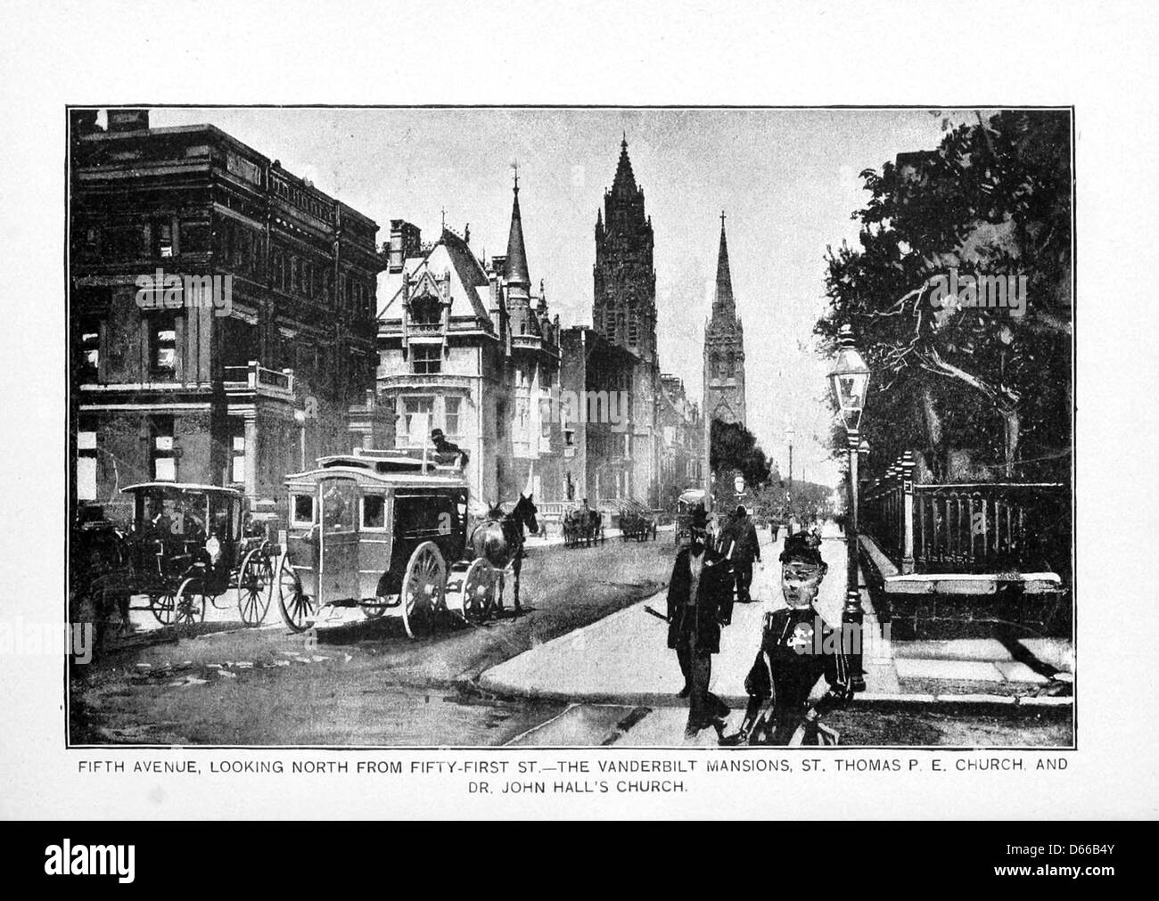 Eine fotografische Sammlung oder Illustration aus dem Jahr 1891, die das Wesen von New York City einfängt. Mit seinen berühmten Orten wie Fifth Avenue, Fifty-First Street, Vanderbilt Mansion und St. Thomas Church ist es ein Highlight der architektonischen und kulturellen Sehenswürdigkeiten der Stadt. Stockfoto