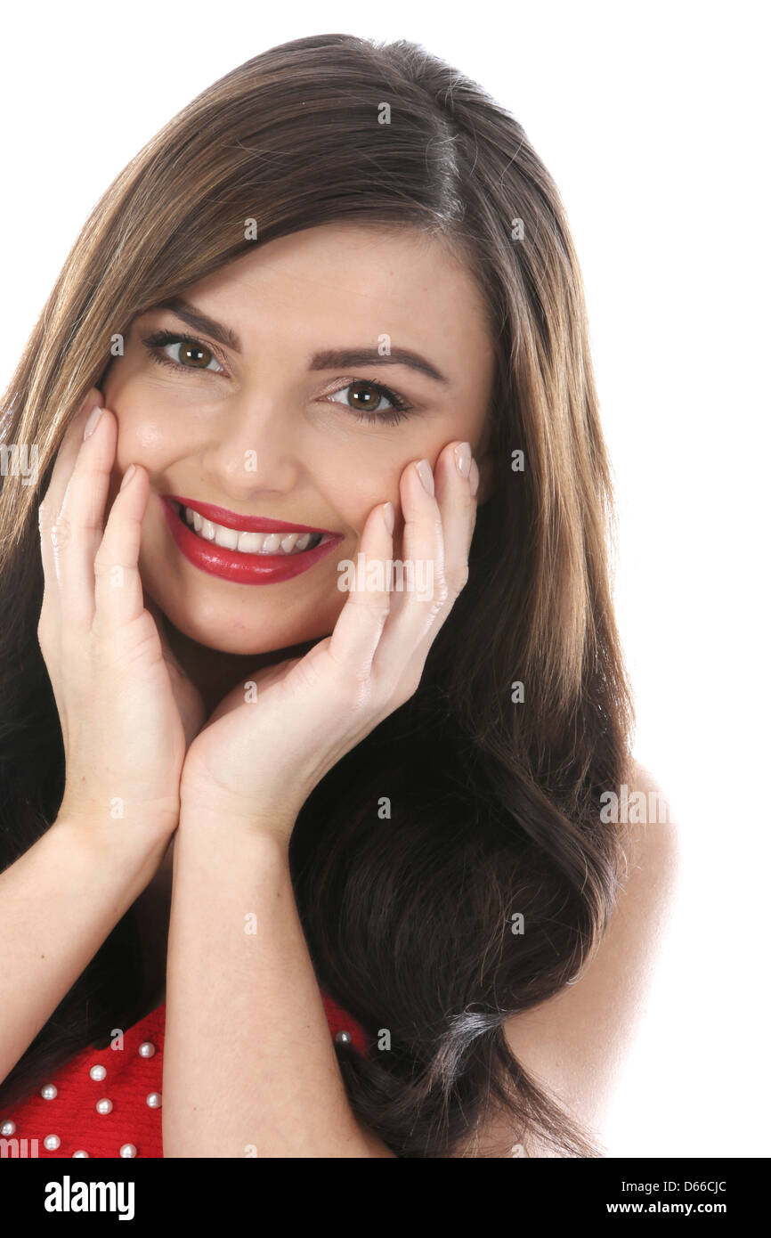 Portrait eines glücklichen jungen Frau überrascht und schockiert Lächelnd feiern Gute Nachrichten und aufgeregt vor einem weißen Hintergrund Als Ausschneiden Stockfoto