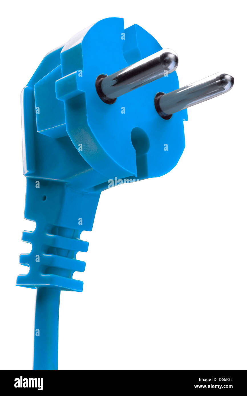 Blauer Stecker mit Kabel auf blauem Hintergrund Stockfoto