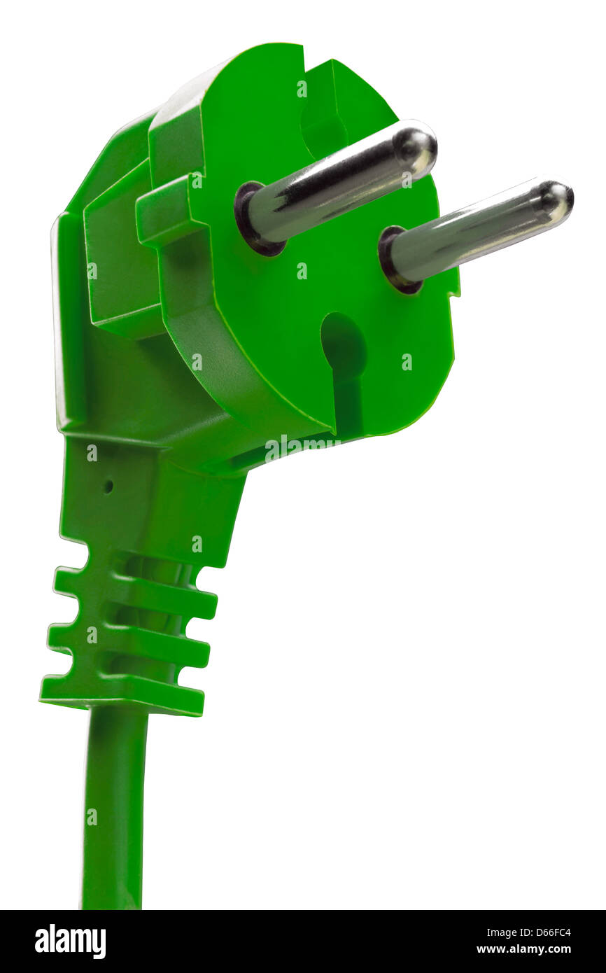 grüne elektrische Stecker mit Kabel auf blauem Hintergrund Stockfoto