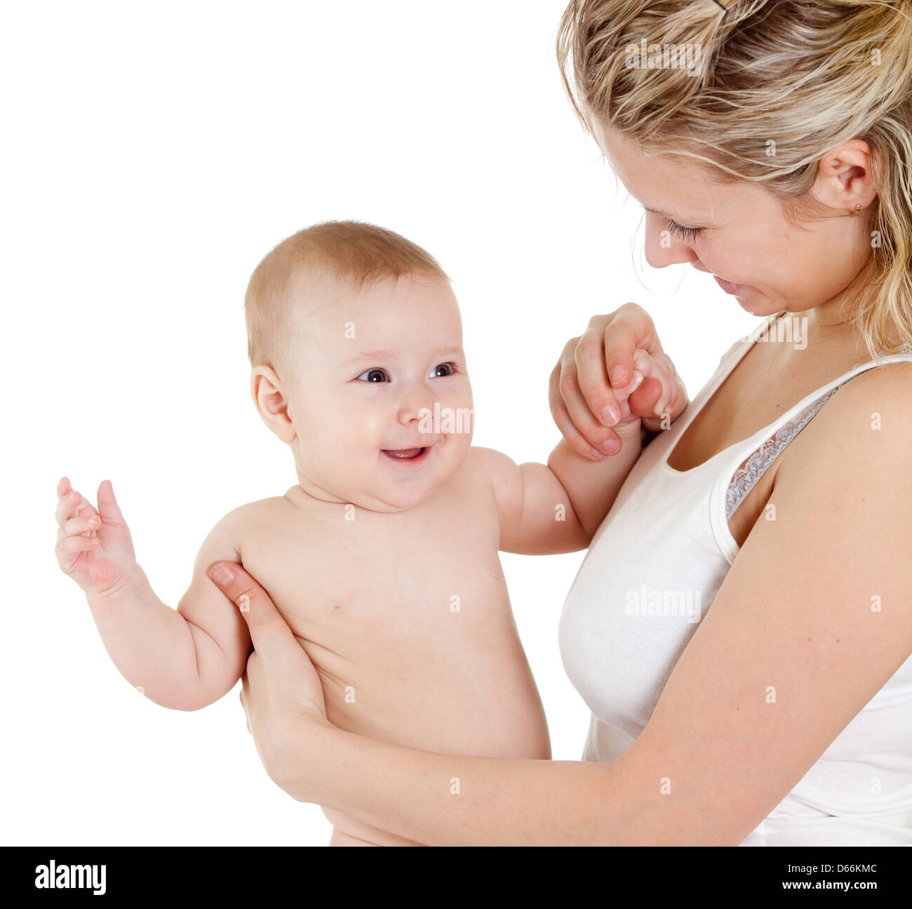 Liebevolle Mutter mit ihrem Kind auf weißem Hintergrund Stockfoto