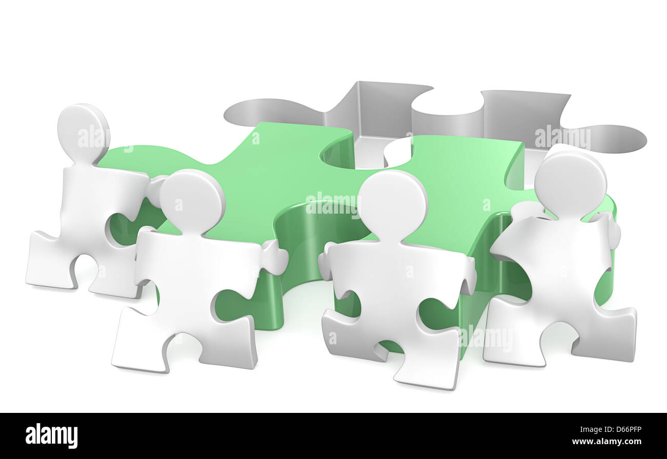 Puzzle-Menschen helfen, setzen X4 Stück im Ort. Grün. Stockfoto