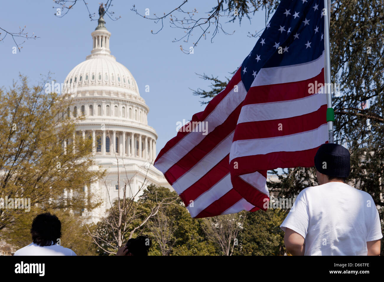 Mann mit einem großen amerikanischen Flagge vor dem US Capitol Gebäude - Washington, DC USA Stockfoto