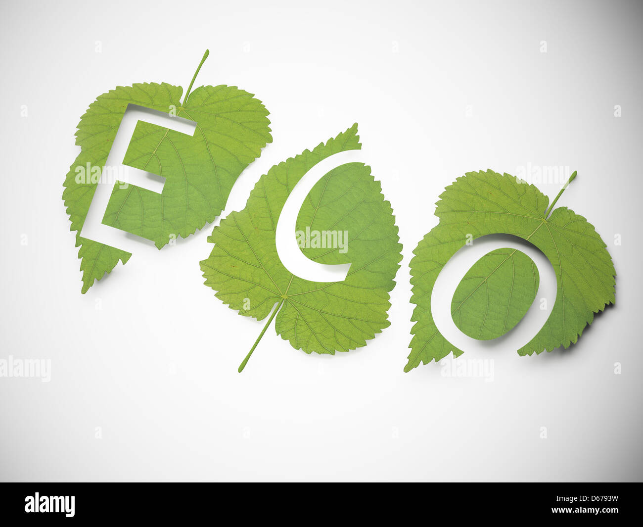 Drei Blätter mit dem Wort ECO ausgeschnitten - Ökologie-Konzept Stockfoto