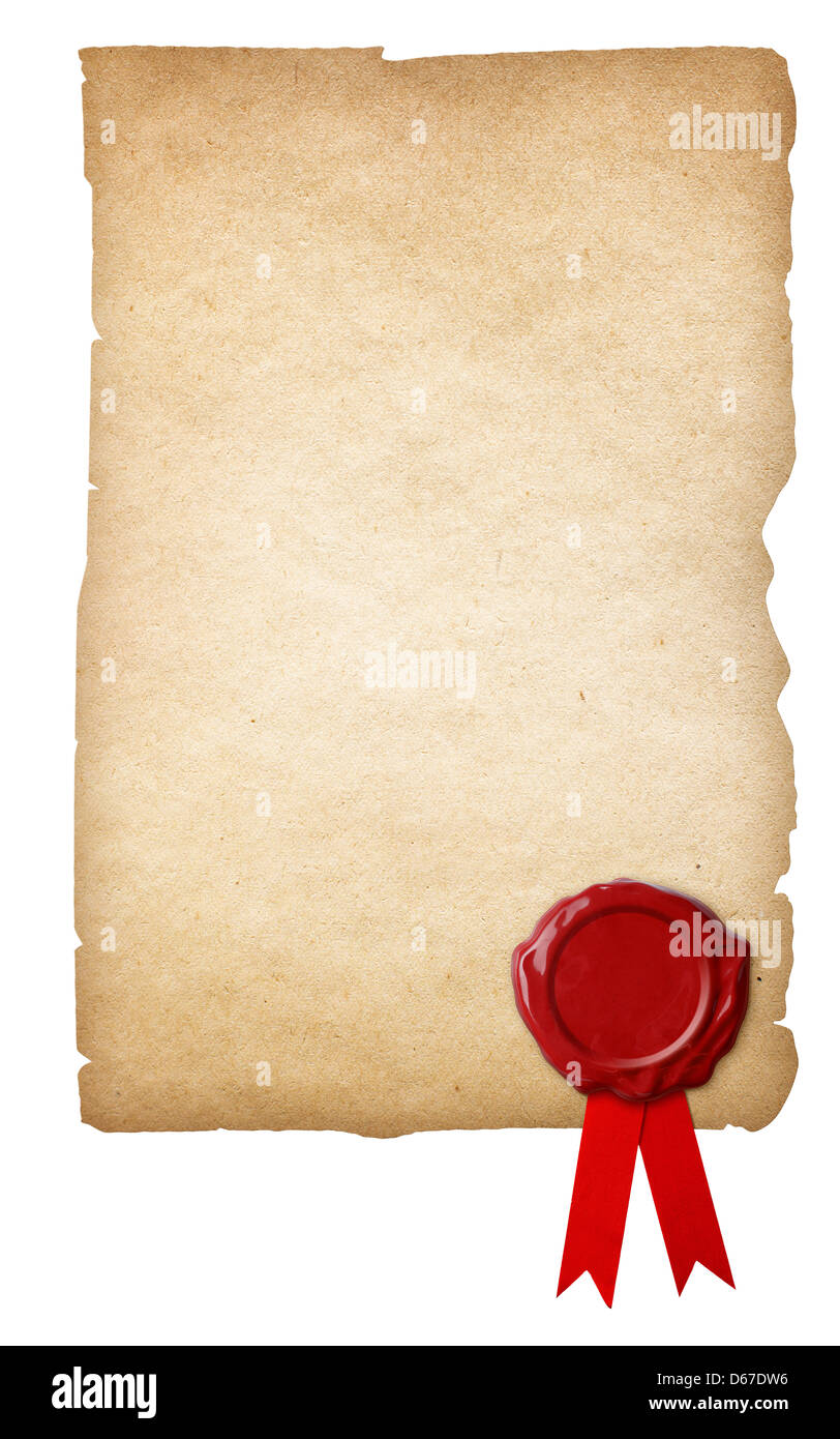 Altes Papier mit Wachssiegel und Band isoliert auf weißem Hintergrund Stockfoto