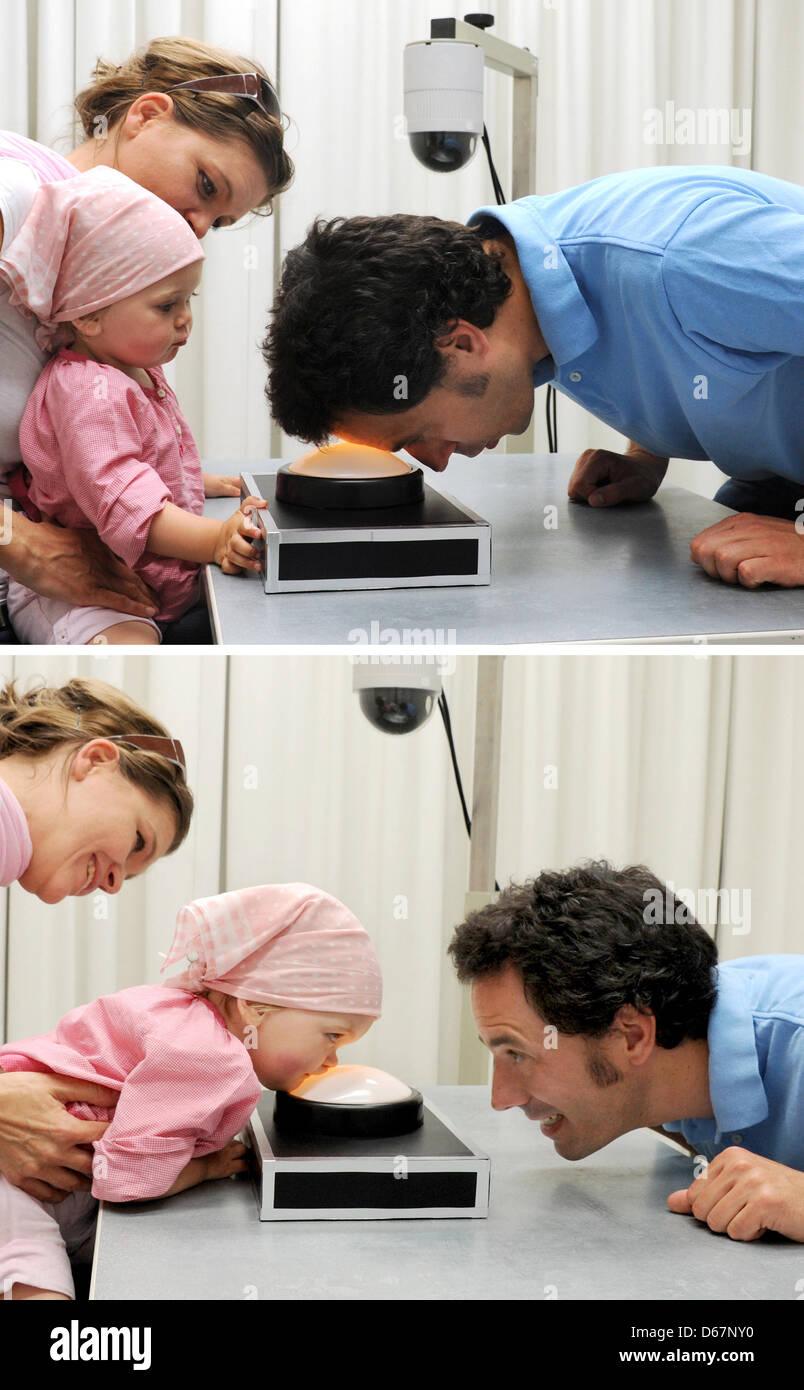 Forscher Moritz Daum veranschaulicht ein 19 Monate altes Kind eine Lampe mit der Stirn am Max Planck Institut für menschliche kognitive and Brain Sciences in Leipzig, Deutschland, 22. Mai 2012 einzuschalten. Dr. Daum verlässt Leipzig um seine Arbeit fortzusetzen, auf Entwicklungspsychologie von Kleinkindern an der Universität Zürich. Foto: WALTRAUD GRUBITZSCH Stockfoto