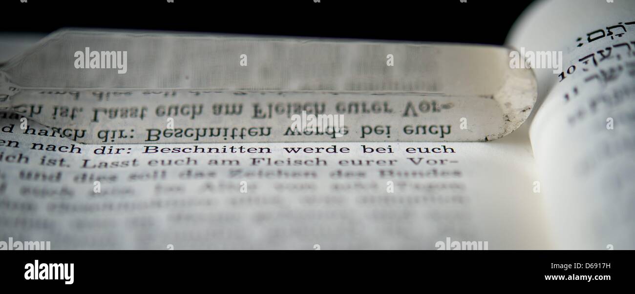 Ein Messer in die jüdische Beschneidung Zeremonie verwendet markiert den deutschen Satz "unter euch beschnitten werden", ein Auszug aus dem ersten Buch Mose (Kapitel 17) des alten Testaments, in den Räumen der israelischen Kultusgemeinde in Hof, Deutschland, 26. Juli 2012. Kapitel 17 Staaten die Regeln für die Beschneidung. Foto: David Ebener Stockfoto